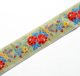 Folklórní stuha zelená pastel s květinovým vzorem 5cm