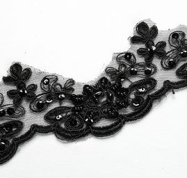 Krajka lem květinový motiv korálky/flitry černá