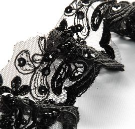 Krajka lem květinový motiv korálky/flitry černá