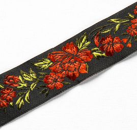 Stuha vyšívaná kvety čierna / oranžová