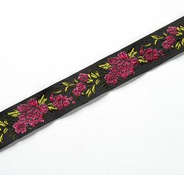 Stuha vyšívaná kvety čierna / ružová úzka