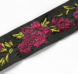Stuha vyšívaná kvety čierna / ružová úzka