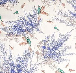 Viskozová šatová látka tisk ptáčci smetanová