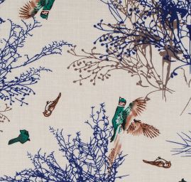 Viskozová šatová látka tisk ptáčci smetanová