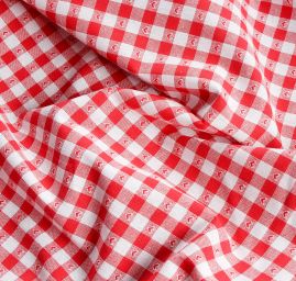 Bavlněná látka vzor kanafas/srdíčka červenobílá