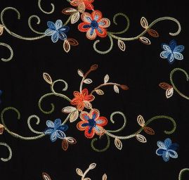 Viskozová letní látka s výšivkou květin černá