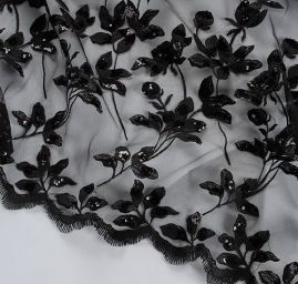 Krajka výšivka na tylu s flitry vzor květin černá II.jakost