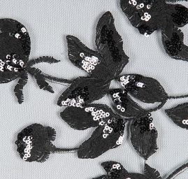 Krajka výšivka na tylu s flitry vzor květin černá II.jakost