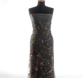 Krajka výšivka na tylu louka/motýlci šedý tyl