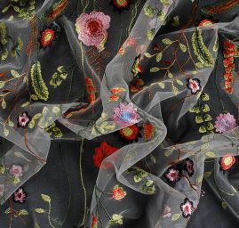 Krajka výšivka na tylu louka/motýlci šedý tyl