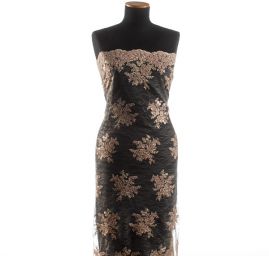 Krajka na vzorovém tylu květy béžová