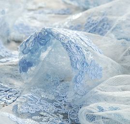 Krajka na vzorovém tylu květy modrá II.jakost