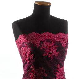 Krajka na vzorovém tylu květy starorůžová/fuchsiová