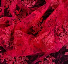 Krajka na vzorovém tylu květy starorůžová/fuchsiová