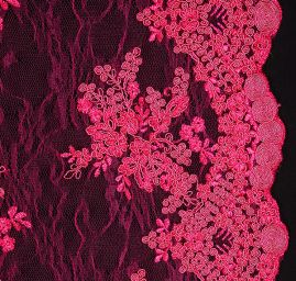 Krajka na vzorovém tylu květy starorůžová/fuchsiová