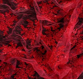 Krajka na vzorovém tylu květy malinově červená