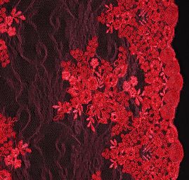 Krajka na vzorovém tylu květy malinově červená