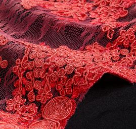 Krajka na vzorovém tylu květy malinovorůžová