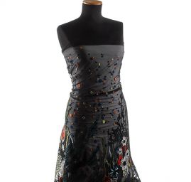 Krajka výšivka na tylu barevné květy černá