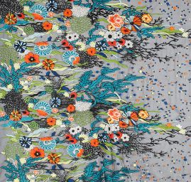 Krajka výšivka na tylu barevné květy černá