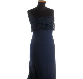 Žoržet šatový s krajkovými lemy tm. modrý