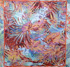 Atlasová látkla motiv listů/hadí kůže červená