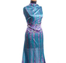 Atlas variace kimono květy bordura tyrkysová