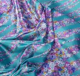 Atlas variace kimono květy bordura tyrkysová