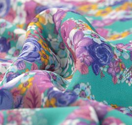 Žoržet variace kimono styl květy bordura tyrkysová