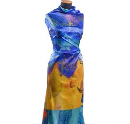 Atlas motiv květin ve stylu akvarelové malby modrý