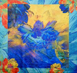 Atlas motiv květin ve stylu akvarelové malby modrý