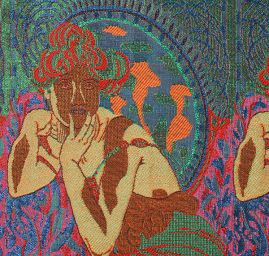 Dekorační tkanina secese Mucha červená/zelená