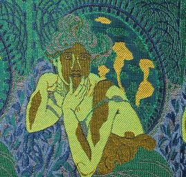 Dekorační tkanina secese Mucha zelená/modrá