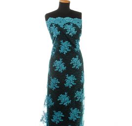 Krajka na vzorovém tylu květy světle tyrkysová