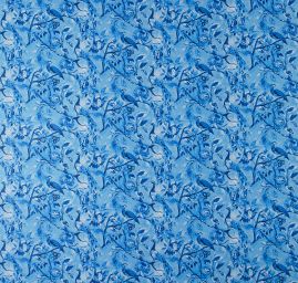 Šifon jemný se vzorem pávů a květin v modrém