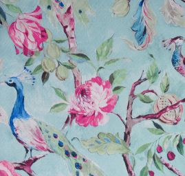Šifon jemný se vzorem pávů a květin v mint