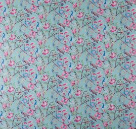 Šifon jemný se vzorem pávů a květin v mint