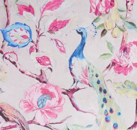 Šifon jemný se vzorem pávů a květin v béžovém