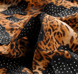Šifon elastický zvířecí motiv/puntíky hnědá černá