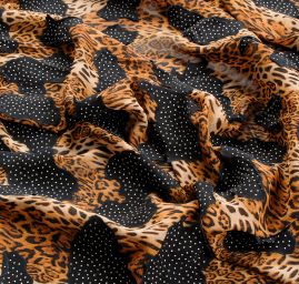 Šifon elastický zvířecí motiv/puntíky hnědá černá