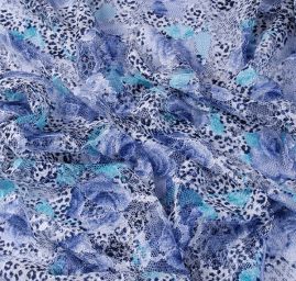 Pružný tyl zvířecí/květinový motiv modrá