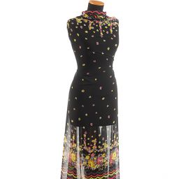 Šifon vzor květy/vlnky černé