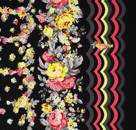 Šifon vzor květy/vlnky černé