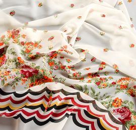 Šifon vzor květy/vlnky smetanový