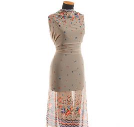 Šifon vzor květy/vlnky šedobéžový