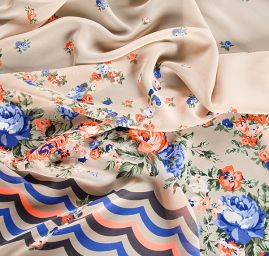 Šifon vzor květy/vlnky šedobéžový