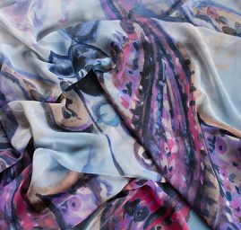 Šifon jemný paisley motiv bordura modrofialový