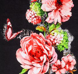 Úplet kupón digitální tisk velké květy červený/černý