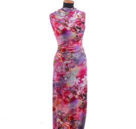 Viskozový úplet květinový motiv růžový