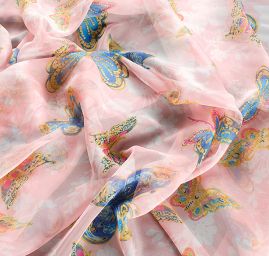 Jemný šifon vzor motýlci růžová/smetanová